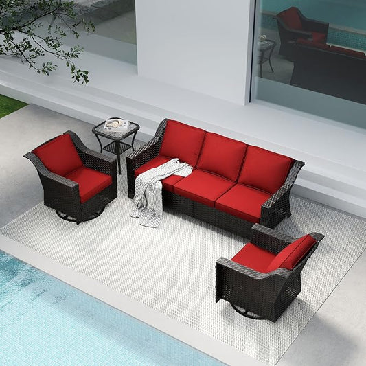 4 Pieces Patio Conversation Furniture Set - 1 Sofa, 2 Swivel Chairs, 1 Side Table, Outdoor Wicker Furniture with Removable Cushions for Porch, Balcony, Sunroom (Red)