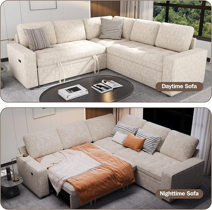 Sunny Heart Chenille Modular Sectional Sleeper Sofa with Pull Out Bed, L Shaped Sectional Sofa with USB Ports/Adjustable Backrest/Storage Seats, Tool-Free Assembly, Couches for Living Room Beige