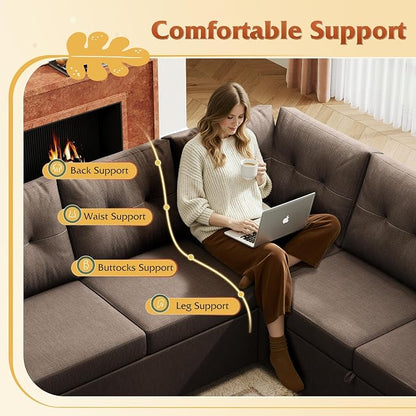 WLIVE 110'' Sectional Couches for Living Room, Pull Out Couch, U Shape 7 Seat Sleeper Sofa with Storage Chaise and Pillows, Removable Sofa Cover, Cups Holders, USB Charging Station, Brown