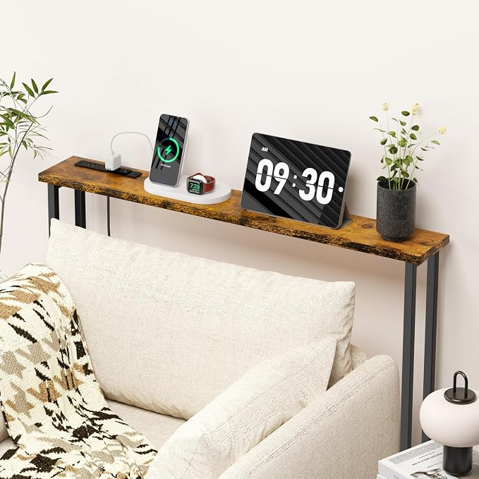 GRLEAF 39" Narrow Console Sofa Table with Built-in Power Strip (2 AC Outlets & 2 USB Ports) – 4.9ft Power Cord, Metal Frame, Easy Assembly, Ideal for Behind Couch, Hallway, and Office | Rustic Brown