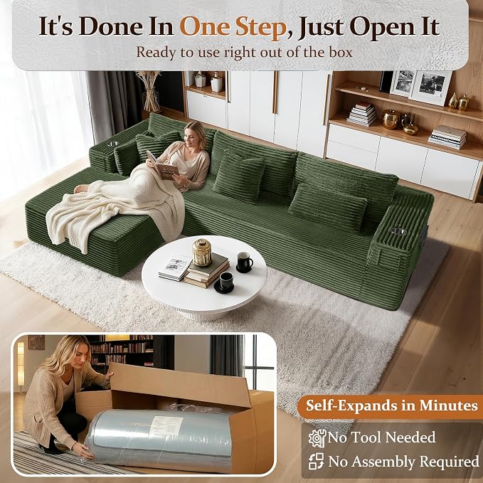 108" Cloud Sectional Couch, Comfort L Shaped Boneless Couch for Living Room, Extra Deep Seats No Assembly, Minimalist Modular Sofa, Corduroy (Olive Green, 2 Seater + Left Facing Chaise)