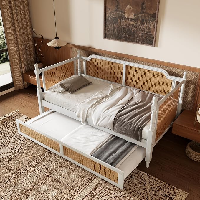 Merax Twin Size Rattan Bed Frame with Twin Size Trundle, Wood Bedframe Daybed for Bedroom, Guest Room, Limited Space, No Box Spring Needed, Antique White