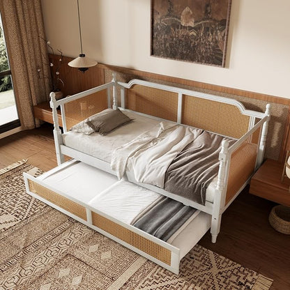 Merax Twin Size Rattan Bed Frame with Twin Size Trundle, Wood Bedframe Daybed for Bedroom, Guest Room, Limited Space, No Box Spring Needed, Antique White