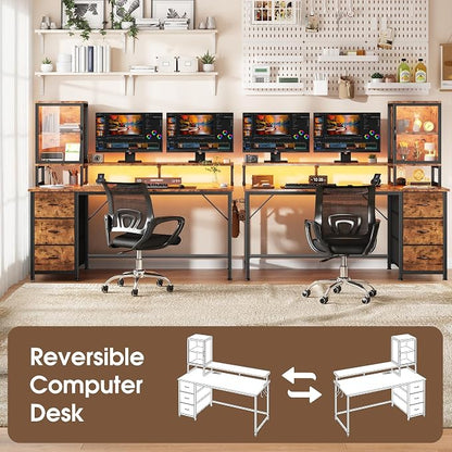 DurayLoly Computer Desk, 47" Desk with Cabinet to Display & RGB Light, Home Office Desks with 3 Drawers for Small Space, 2 AC Power Outlets and 2 Ports, Monitor Stand for Student Bedroom, Brown