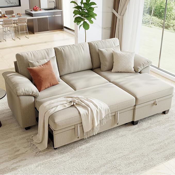 86" Modular Sectional Sleeper Sofa Bed, L Shaped 4 Seat Pull Out Couch with Storage Ottoman, Convertible Cloud Couch Bed, Sectional Couches for Living Room, Apartment (Sand)