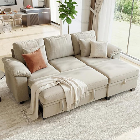 86" Modular Sectional Sleeper Sofa Bed, L Shaped 4 Seat Pull Out Couch with Storage Ottoman, Convertible Cloud Couch Bed, Sectional Couches for Living Room, Apartment (Sand)