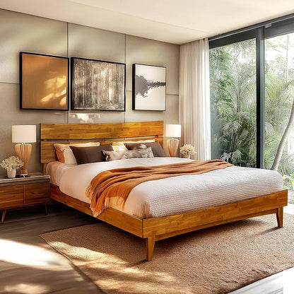 Acacia Aurora Wooden Bed with Headboard, Queen Size Bed Frame, 800lbs Capacity Wood Bed Compatible with All Mattress Types, Non-Slip & Noise-Free, Wood Slats Support, Easy Assembly, Caramel.