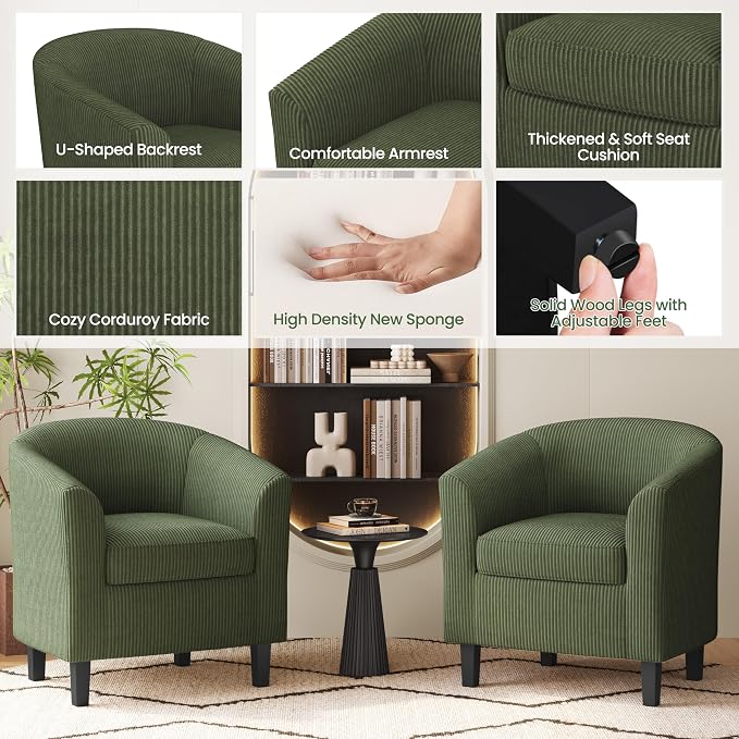 Topeakmart Corduroy Club Chair, Modern Accent Chair and Cozy Barrel Chair with Sturdy Wood Legs for Living Room Bedroom Reception Room, Dark Green