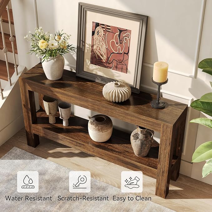 LITTLE TREE 63-Inch Wood Entryway Table, Long Farmhouse Narrow Console Table for Living Room, Hallway, Sofa, Entry, Entrance, Foyer, Behind Couch with 2-Tier Shelves, Brown