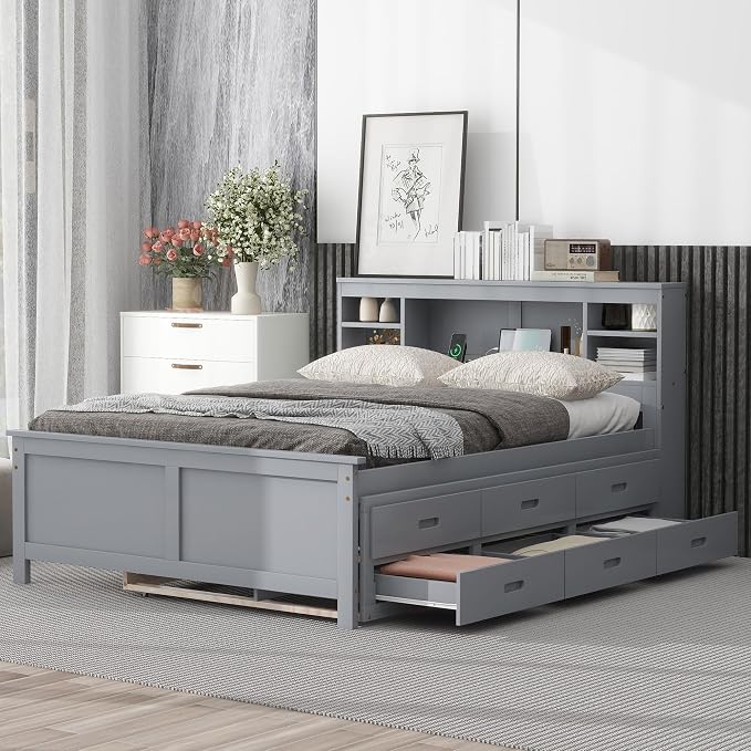 Merax Full Size Platform Bed with Storage Headboard, USB, Wood Bedframe with Twin Size Trundle and 3 Drawers, Grey