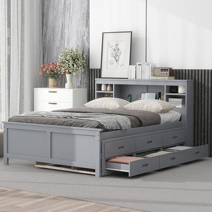 Merax Full Size Platform Bed with Storage Headboard, USB, Wood Bedframe with Twin Size Trundle and 3 Drawers, Grey