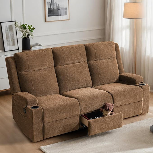 75'' Manual Reclining Sofa with Storage Drawer, 3 Seat Wall Hugger Recliner Couch with Cup Holders, Side Pockets, Chenille Fabric, Compact 3-Person Recliner for RV, Living Room, Apartment (Brown)