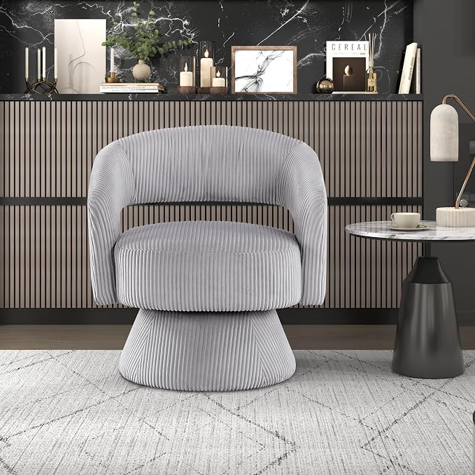 Lexicon 360 Degree Swivel Accent Chair, Modern Comfy Corduroy Round Barrel Chair, Open Back, Plush Foam Cushions, Metal Swivel Base for Living Room/Bedroom/Office/Small Spaces, Gray