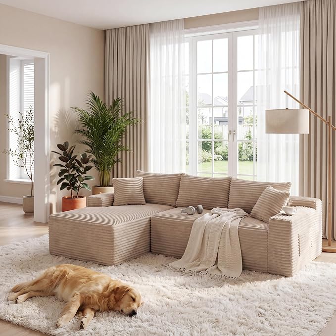 105-Inch L-Shaped Left Facing Corner Compressed Sofa Modular Sectional Boneless Cloud Sofa Floor Foam Couch with Chaise Lounge, Corduroy Corner Boneless Cloud Couch