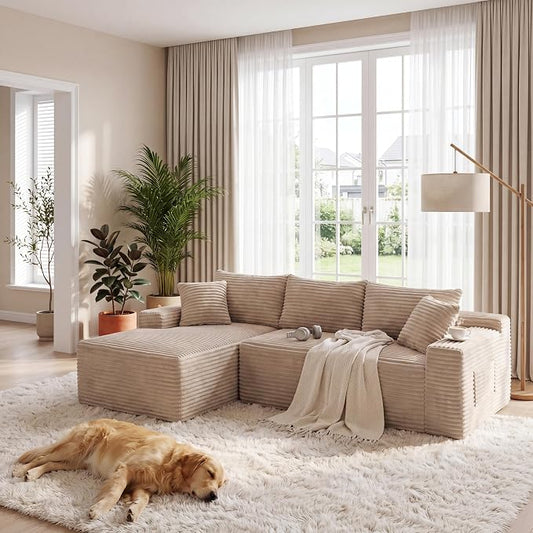 105-Inch L-Shaped Left Facing Corner Compressed Sofa Modular Sectional Boneless Cloud Sofa Floor Foam Couch with Chaise Lounge, Corduroy Corner Boneless Cloud Couch