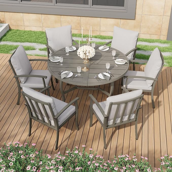 HAPPATIO Patio Dining Set, Aluminum Round Outdoor Dining Set for 6, 52" Round Dining Table with Umbrella Hole and 6 Chairs, Outdoor Table and Chairs with Removable Cushion for Lawn Yard Patio