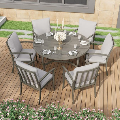 HAPPATIO Patio Dining Set, Aluminum Round Outdoor Dining Set for 6, 52" Round Dining Table with Umbrella Hole and 6 Chairs, Outdoor Table and Chairs with Removable Cushion for Lawn Yard Patio