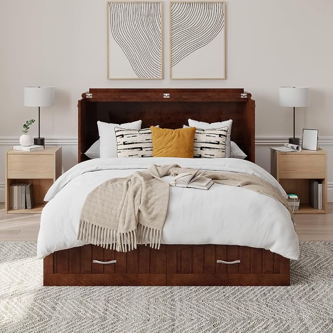 AFI, Southampton Murphy Bed Chest Full with 6" Mattress, Built-in USB Charger & Storage Drawer, Walnut