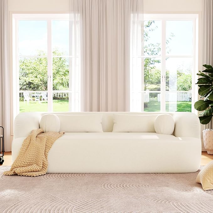 86" Curved Cloud Couch, Curved Sofa,Boneless Couch, Upholstered Sofa with Pillows, No Assembly with High-Density Foam, 3-Seater Luxury Modern Compressed Sofa, Beige