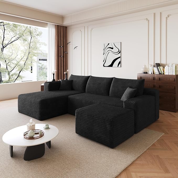 95'' Cloud Sectional Sofa Boneless Couch for Living Room, Minimalist Left Facing Compressed Couch with Chaise Lounge and Ottoman, Plush Corduroy Deep Seat Memory Foam Sofa