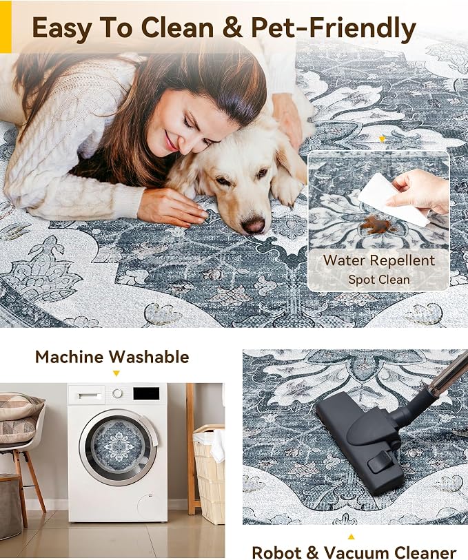 RELEANY Area Rugs Round 5ft Washable Non-Slip, Floral Vintage Distress Medallion Carpet for Living Room Bedroom Dining Room, Light Gray Grey White