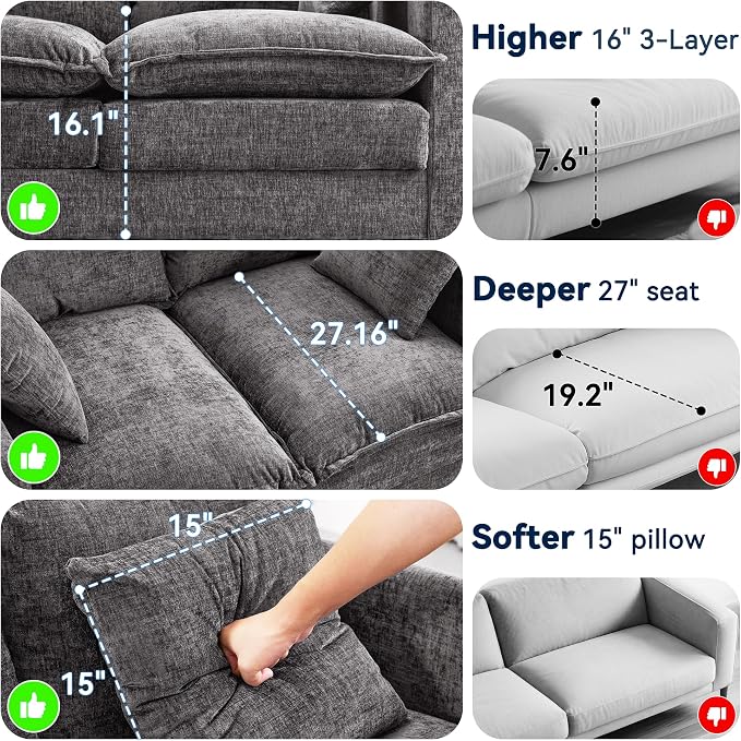 Loveseat Sofa Couch, Small Mini Compact 50" Love Seat 27" Deep Cloud Sofa Seat Washable Chenille Pillow for Apartment Bedroom Dorm Attic Studio Office Living Room Small Space 8833-GREY