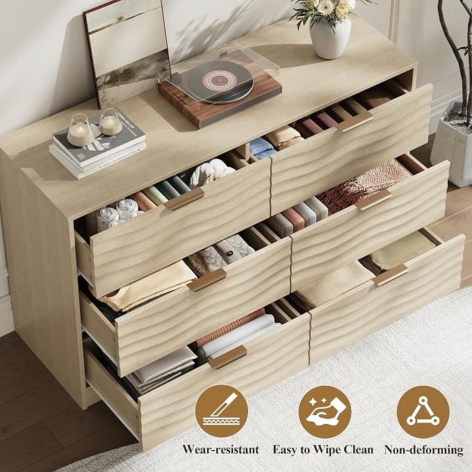 MALOL Coastline Fluted 6 Drawers Dresser for Bedroom, 48" Wide Modern Chest of TV Stand Organizers with Metal Handle, Storage Wooden Dresser Drawer for Living Room, Hallway, Closet, Natural Wood
