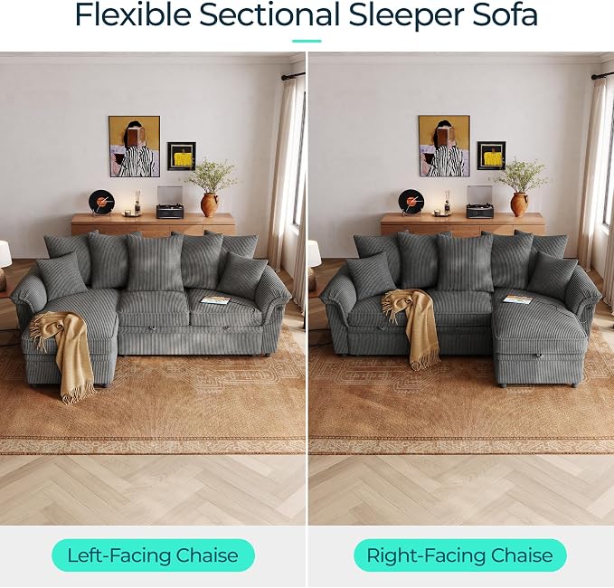 LINSY HOME 90.5'' Sectional Sleeper Sofa with Pull Out Couch Bed Modular (Gray, 90.5'') | USB Charging