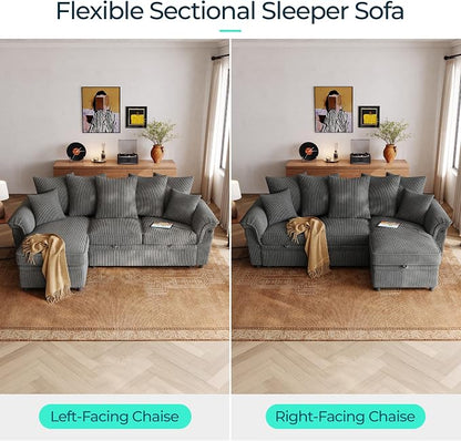 LINSY HOME 90.5'' Sectional Sleeper Sofa with Pull Out Couch Bed Modular (Gray, 90.5'') | USB Charging