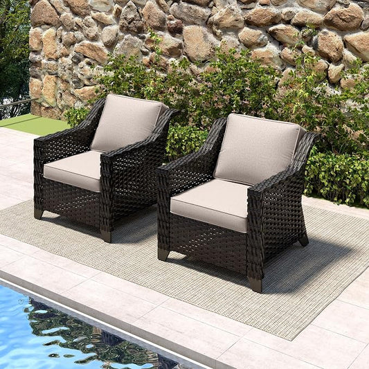 Patio 2 Pieces Wicker Chairs Set of 2，Outdoor PE Rattan Armchairs, Water-Resistant Cushions with Removable and Washable Covers, Porch, Balcony, Sunroom (Beige)