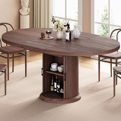 Jocoevol 47″–63″ Extendable Round Dining Table for 4–8 with Dust-Proof 2-Tier Storage Shelf Space Saving Expandable Wood Oval Circle Dinner Furniture with Pedestal Base (Brown)