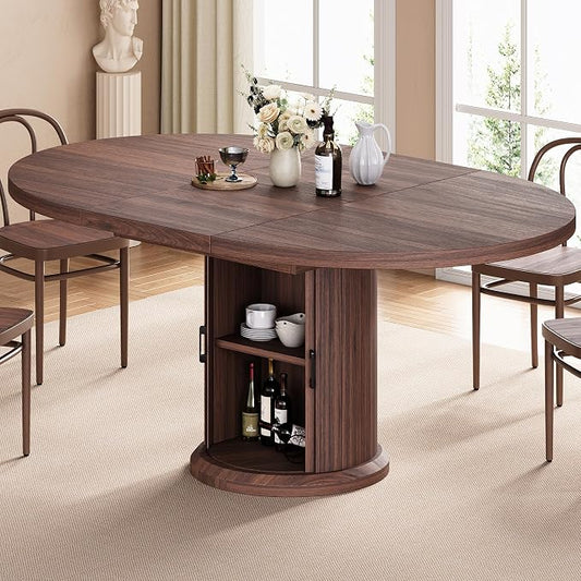 Jocoevol 47″–63″ Extendable Round Dining Table for 4–8 with Dust-Proof 2-Tier Storage Shelf Space Saving Expandable Wood Oval Circle Dinner Furniture with Pedestal Base (Brown)