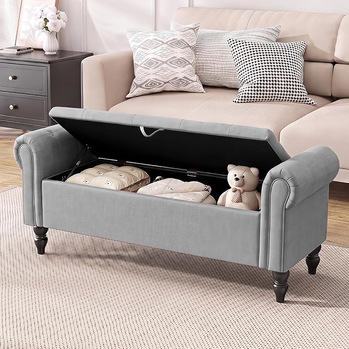 Furniliving 55” End of Bed Bench, Bedroom Bench with Button-Tufted, Large Upholstered Storage Ottoman Entryway Bench with Storage Shoe Cabinet Bench, for Bedroom, Linen, Grey