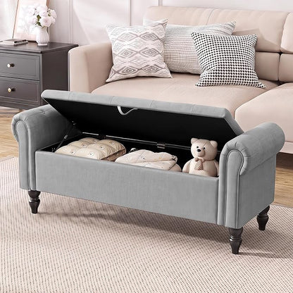 Furniliving 55” End of Bed Bench, Bedroom Bench with Button-Tufted, Large Upholstered Storage Ottoman Entryway Bench with Storage Shoe Cabinet Bench, for Bedroom, Linen, Grey