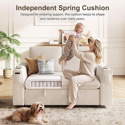 Sleeper Sofa with Pull Out Bed, Plush Corduroy Convertible Sofa Bed with Adjustable Backrest and Cup Holders, Loveseat Sleeper Couches for Living Room, Apartment, Beige