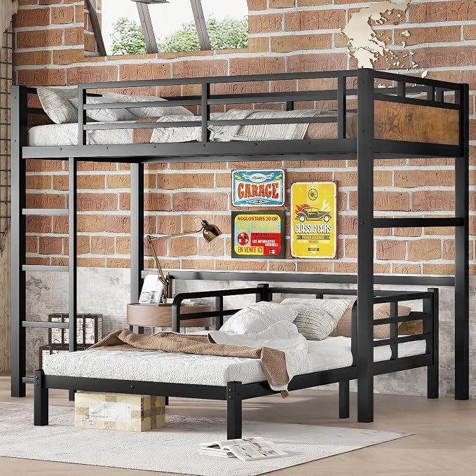 Twin XL Over Twin XL Metal Bunk Bed, Heavy Duty Convertible Bunk Bed Frame with Headboard & Full Guardrails, Can Be Split into Two Platform Beds or Loft Bed,Vintage