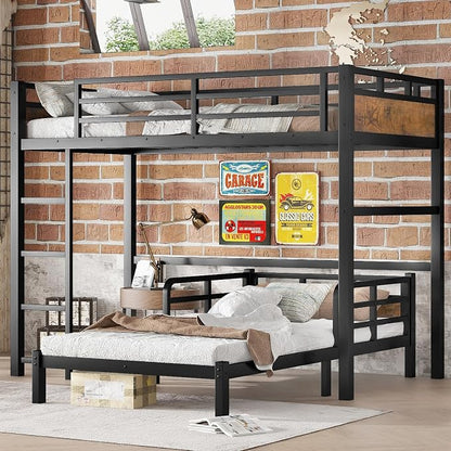 Twin XL Over Twin XL Metal Bunk Bed, Heavy Duty Convertible Bunk Bed Frame with Headboard & Full Guardrails, Can Be Split into Two Platform Beds or Loft Bed,Vintage