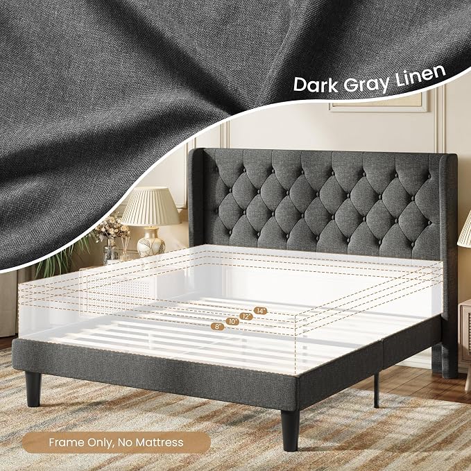 SHA CERLIN Queen Size Platform Bed Frame with Upholstered Headboard and Wingback, Button Tufted Design, Easy Assembly, No Box Spring Needed, Dark Grey