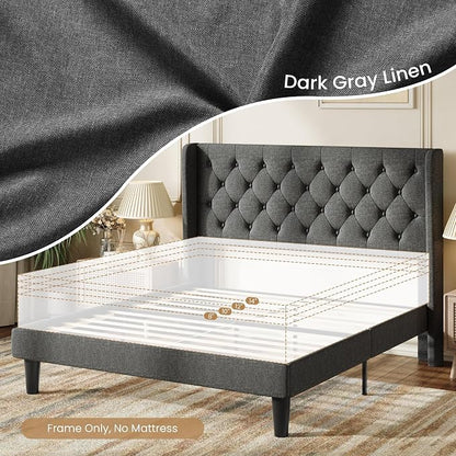 SHA CERLIN Queen Size Platform Bed Frame with Upholstered Headboard and Wingback, Button Tufted Design, Easy Assembly, No Box Spring Needed, Dark Grey