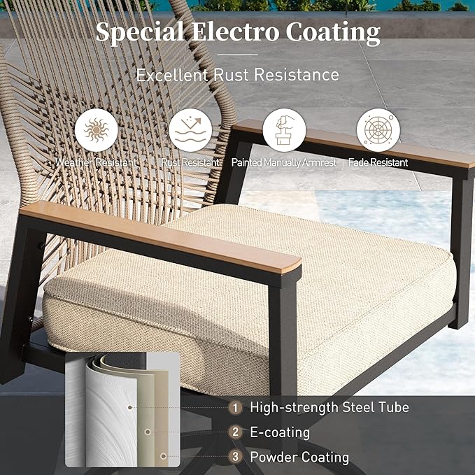 Patio Dining Set 9 Piece, 8 x Woven Rattan Swivel Chairs with Waterproof Cushion, 57.5" Square Wood-Like Metal Table with Umbrella Hole, Outdoor Table and Chairs Set for Backyard Lawn and Deck, Beige
