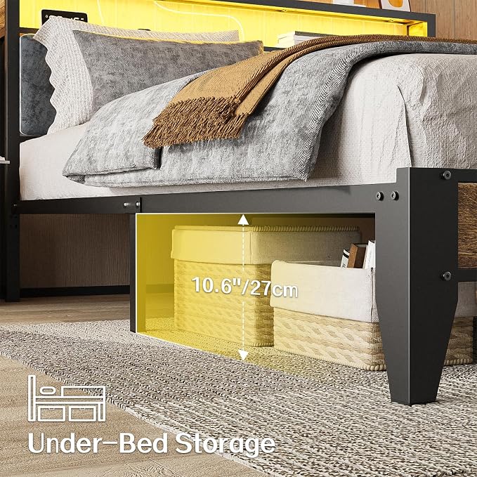 OLEVS King Bed Frame with Headboard, Metal Platform Bed King Size with 2-Tier Storage, LED Light & Charging Station Type C, No Box Spring Needed, Easy Assembly