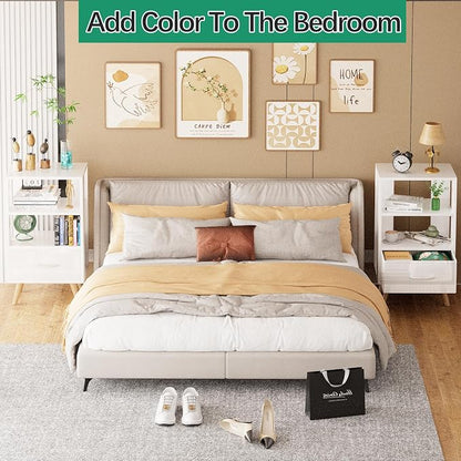 Aenuert Night Stand, White Nightstand with Drawer, Side Table with Open Storage, 3-Tier Modern End Table, Bedside Table for Small Space, Living Room, Bedroom