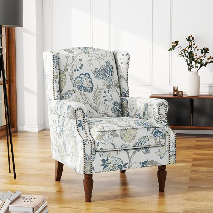 High Back Floral Accent Chairs Set of 2, Upholstered Armchair in Fabric, Retro Printed Wingback Arm Chair for Living Room, Nailhead Trim Single Sofa Bedroom Reading Seat - Plants Blue