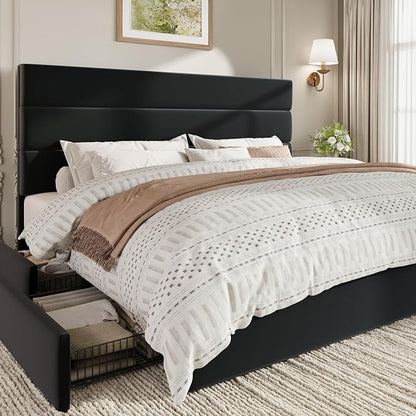SHA CERLIN King Size Platform Bed Frame with 4 Storage Drawers, Velvet Upholstered Headboard, Mattress Foundation with Wooden Slats Support, No Box Spring Needed, Easy Assembly, Black