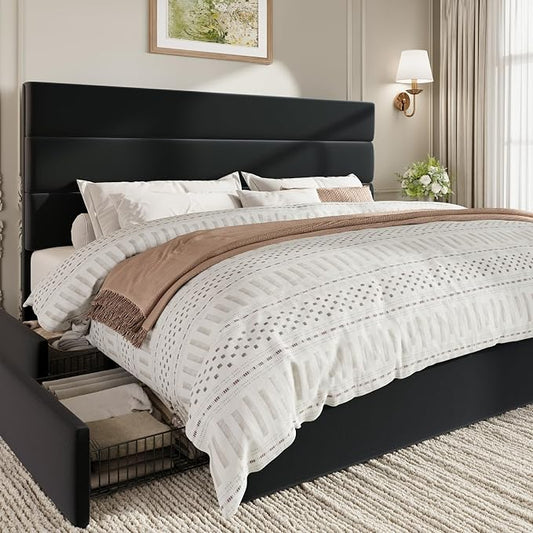 SHA CERLIN King Size Platform Bed Frame with 4 Storage Drawers, Velvet Upholstered Headboard, Mattress Foundation with Wooden Slats Support, No Box Spring Needed, Easy Assembly, Black