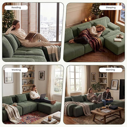 GRUSIGN 108'' Modular Sectional Boneless Sofa, Tufted Sectional Couches for Living Room,Oversized L Shape Deep Seat Sofa with Ottoman & 3 Throw Pillows,Corduroy Cloud Couch,Green