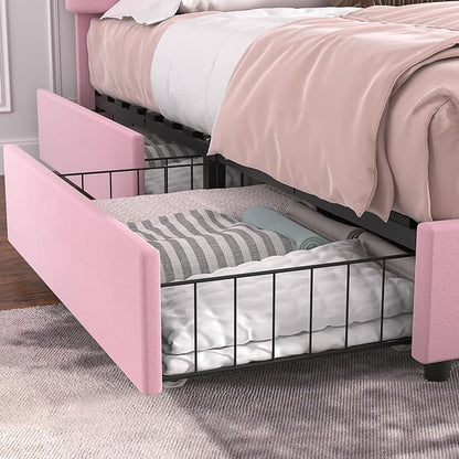 VECELO Full Size Upholstered Bed Frame with 4 Drawers and Headboard, Velvet Platform Storage Bedframe, Wooden Slats Support, No Box Spring Needed,Pink