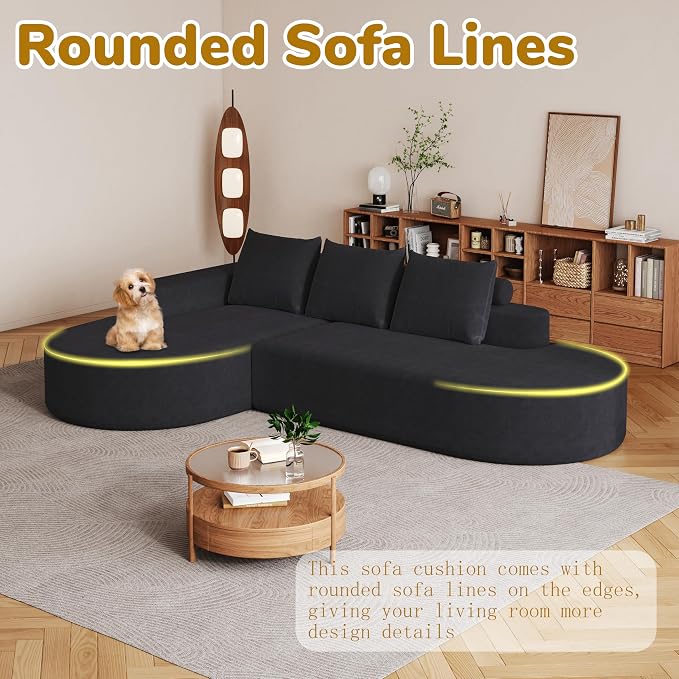 109" Modern Modular Curved L-Shaped Sofa, Chenille Upholstered Sectional Boneless Couch Set with 3 Pillows,Free Combination Sofa for Living Room (Black, 108.5" Right Lounge)
