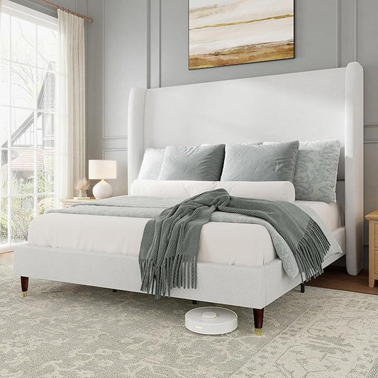 Jocisland Full Bed Frame 51.2" Wingback Headboard Linen Upholstered Platform Bed,Solid Wood Legs & Wooden Slats,No Box Spring Needed,Noise-Free,for Teen Room Small Bedroom Cozy Home,White