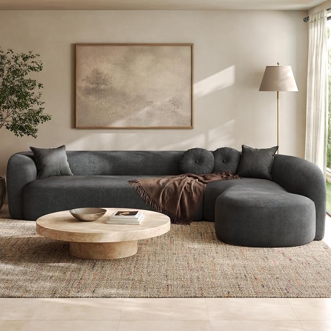 Curved Sectional Sofa with Chaise, 128" Oversized Cloud Couch, Chenille Fabric, High-Density Foam, Deep Seating, No Assembly, L-Shaped Sectional, Modern Living Room Sofa, Gray+Charcoal